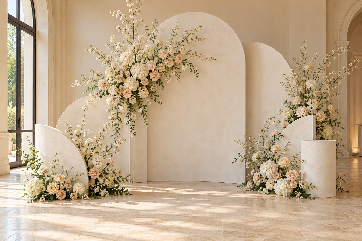 Sculptural ivory event backdrop with floral accents