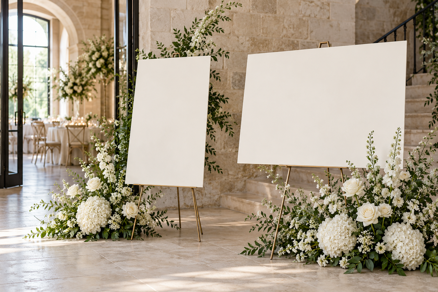 Custom welcome sign and seating board beside white florals